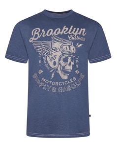 KAM Brooklyn Motorcycle Skull Print T-shirt Vintage Indigo